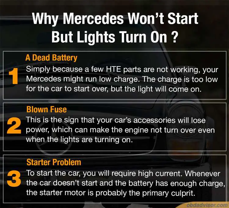 Probable reasons that Mercedes won’t start but lights turn on