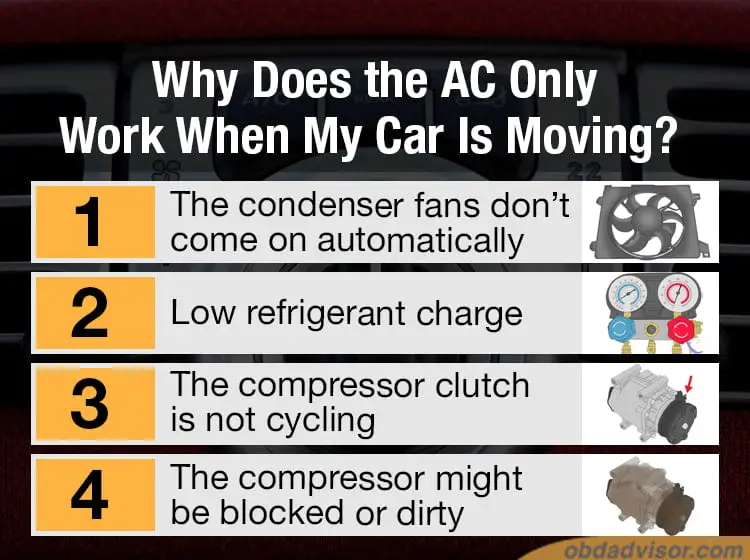 4 reasons the car ac only works while driving but doesn't blow cold air when parked.
