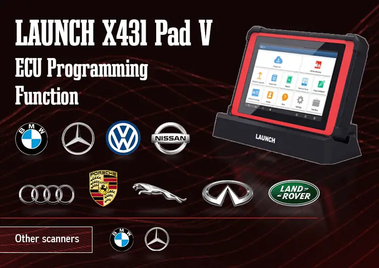 LAUNCH X431 Pad V lets you reflash/reprogram ECU for 9 car brands.